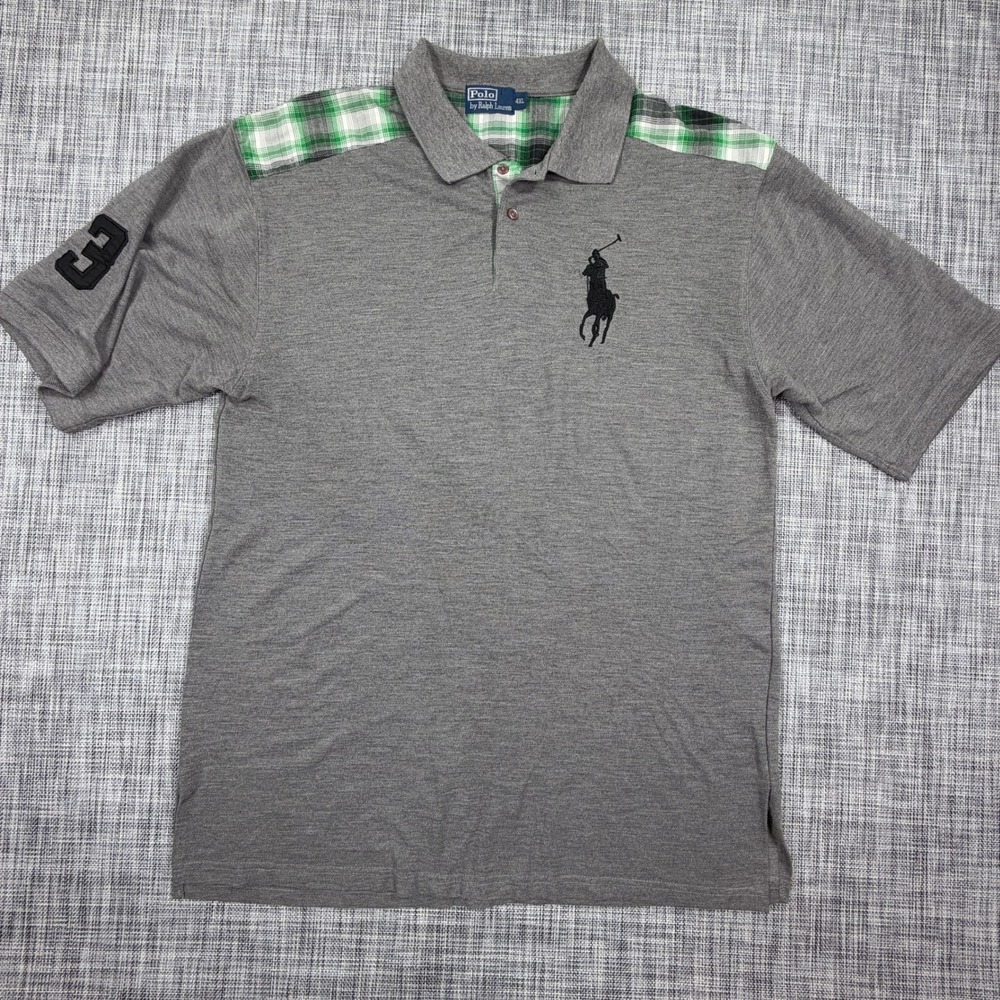 Polo Ralph Lauren Mens Big Pony Polo Shirt Gray Green Plaid Trim 4XL 3 Patch
